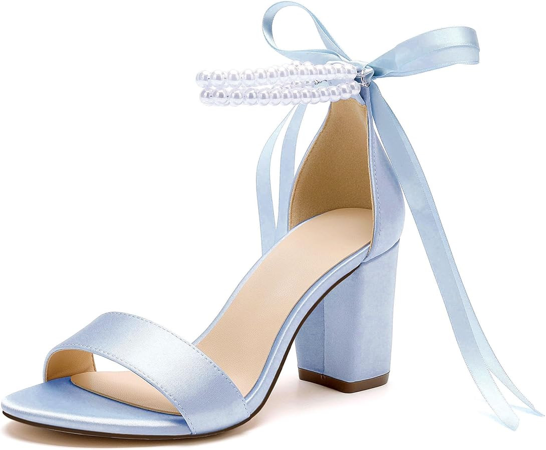 HKMFLYY Women's Open Toe Pearl Wedding Shoes for Bride High Heels Sandals Satin Bridal Block Chun... | Amazon (US)