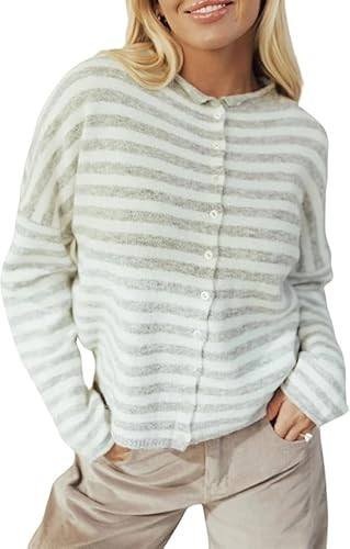 Esmeling Women Button Down Striped Cardigan Crew Neck Long Sleeves Sweater Open Front Knit Outerwear(1037-Striped-XS) | Amazon (US)