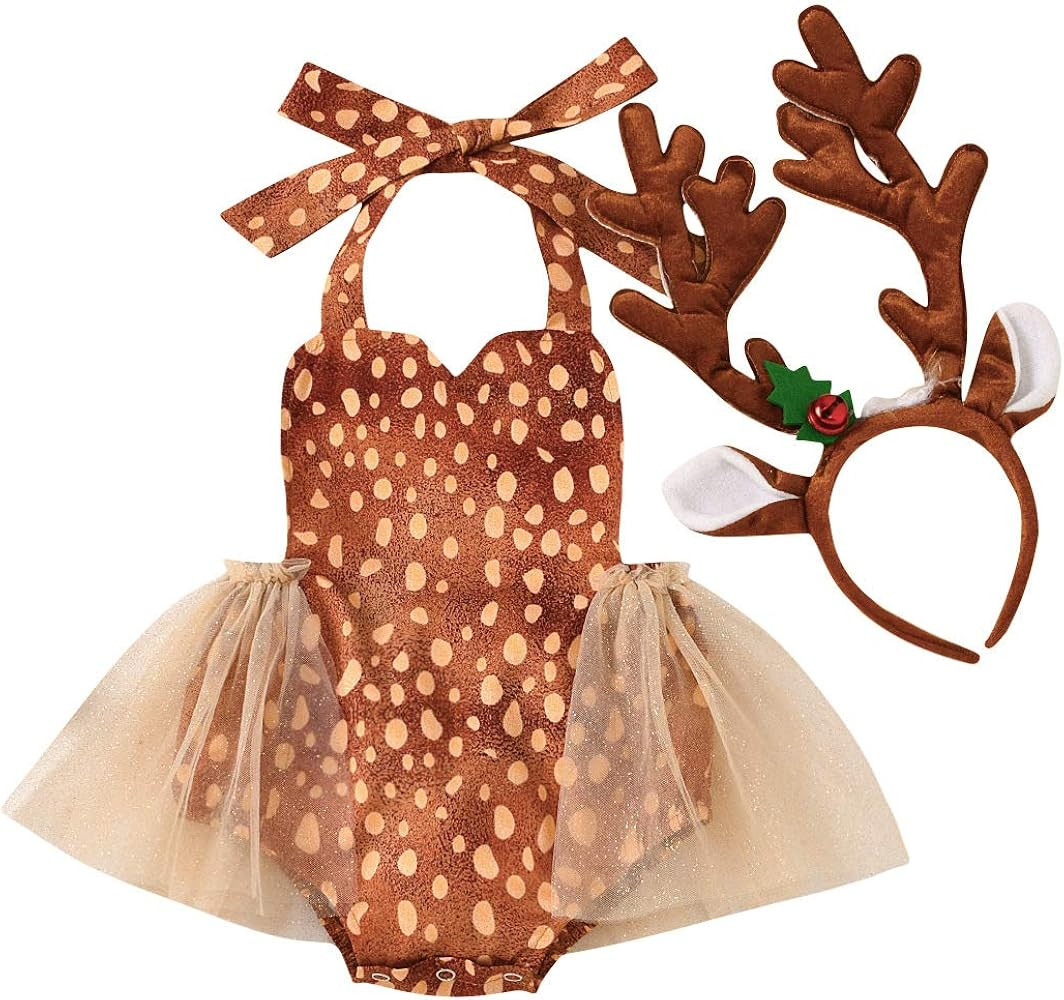IMEKIS Baby Girls Christmas Reindeer Costume Romper with Deer Antlers Headband Newborn Xmas Outfi... | Amazon (US)