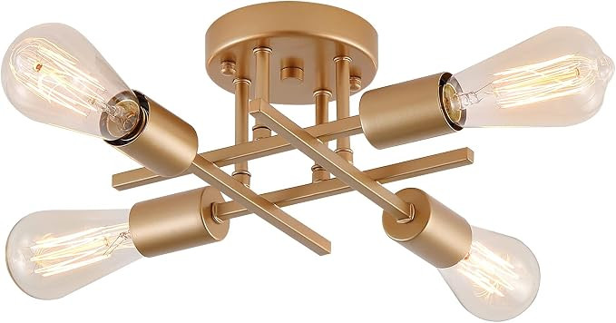 4-Light Semi Flush Mount Ceiling Light, Gold Mid-Century Industrial Farmhouse Chandelier Light Fi... | Amazon (US)