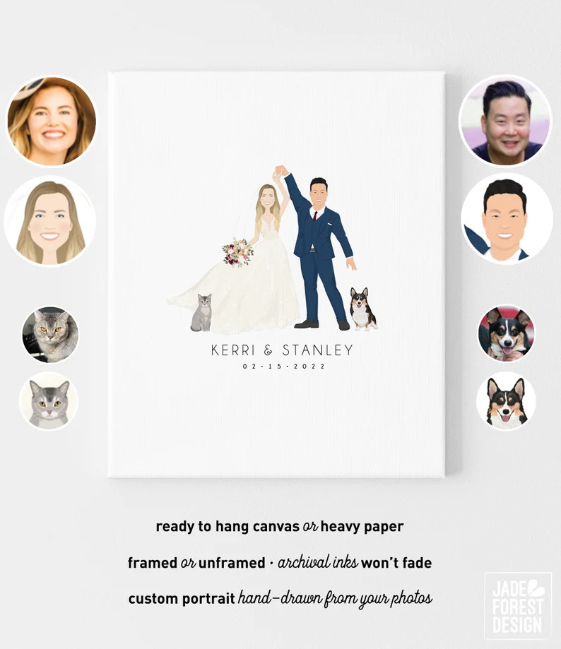 Wedding guest book alternative canvas • Custom portrait cartoon with pets • Couple dancing a... | Etsy (US)