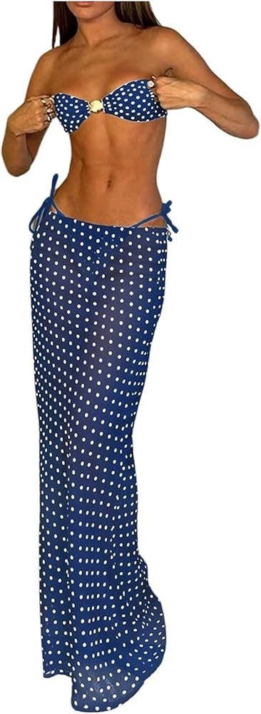 SweatyRocks Women's Polka Dots Bandeau Bikini Sets Side Tie Thong 3 Piece Swimsuit with Cover Up | Amazon (US)