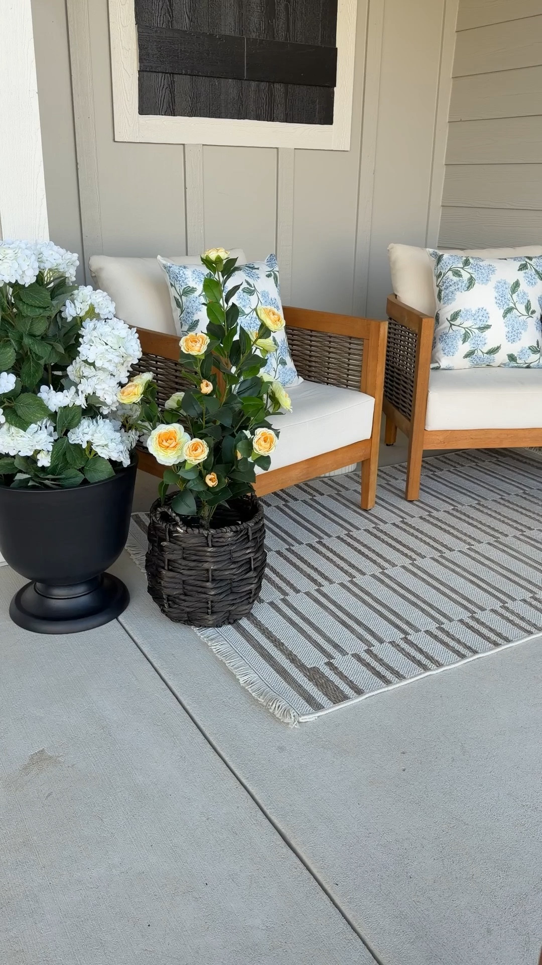 Spring patio, small space patio, patio furniture, patio chairs, outdoor chairs, acacia wood chair, spring outdoor flowers, faux outdoor flowers, faux hydrangeas, faux camellia, outdoor rug

#LTKHome