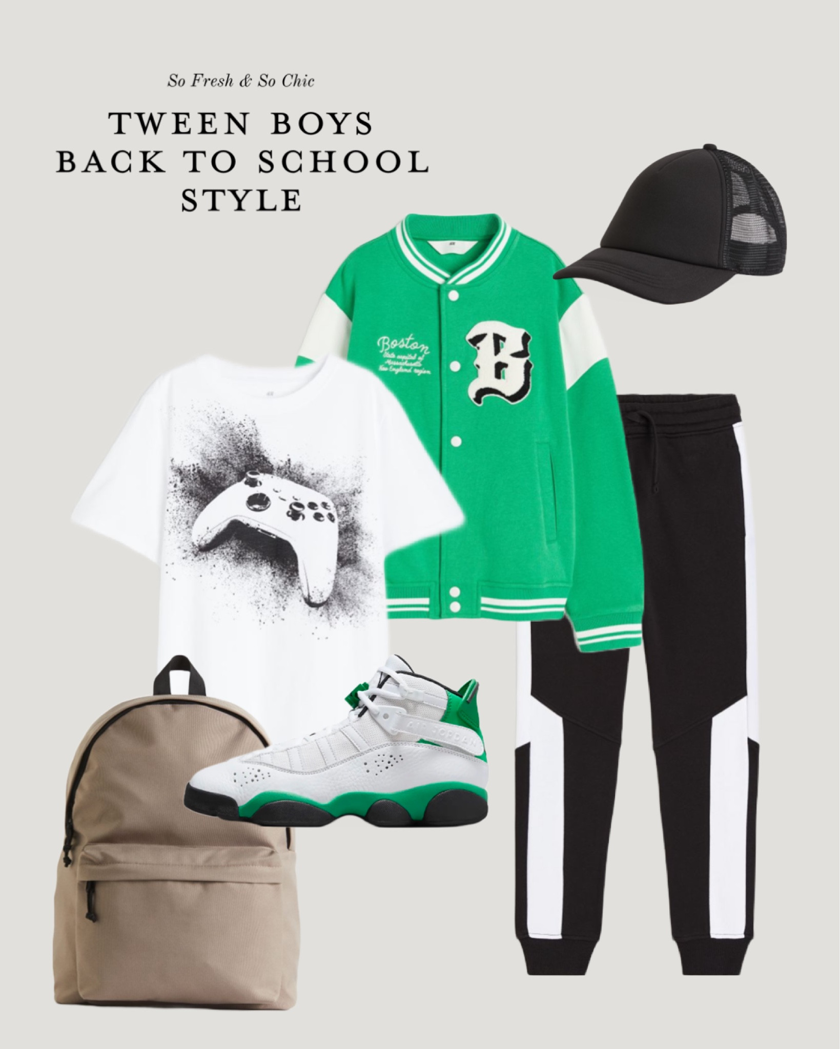 Tween boys back to school outfit!
-
Teen boys outfit - boys back to school outfit - black and white sweatpants teen boy - Nike Jordan white and green sneakers boy - black mesh basketball cap boy - brown pack pack tween boy - white game controller graphic print t shirt tween boy - green letter baseball jacket tween boy - back to school boy outfit inspiration - h&m kids - h&m sale - boy back to school #ltksalealert 

#LTKshoecrush #LTKBacktoSchool #LTKkids
