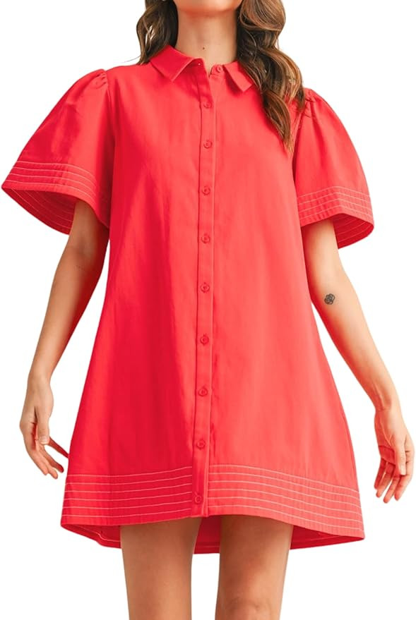 Womens Short Sleeve Button Down Mini Shirt Dress Lapel Collar Short Dresses with Pocket | Amazon (US)
