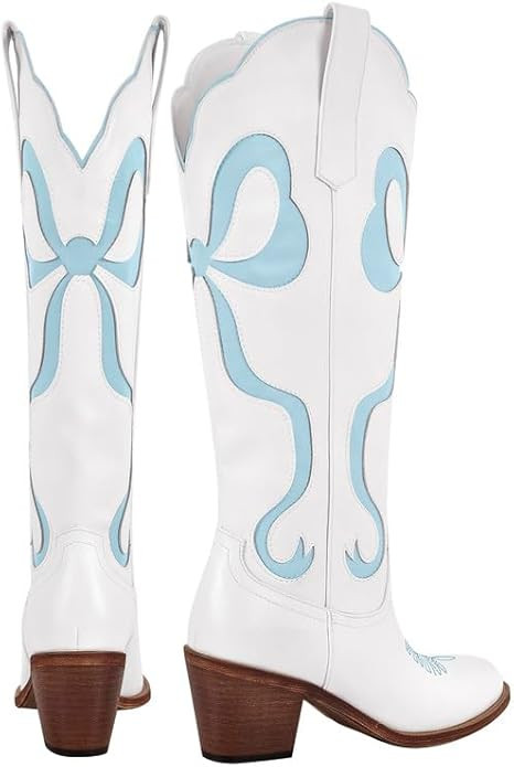 MissHeel Knee High Cowgirl Boots with Bow White Cowboy Boots for Women | Amazon (US)