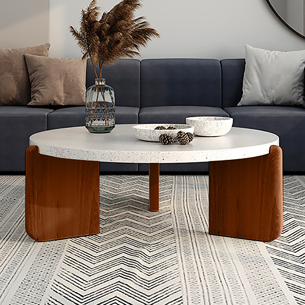 34"" White Round Terrazzo Coffee Table with Pine Wood Legs in Walnut | Homary