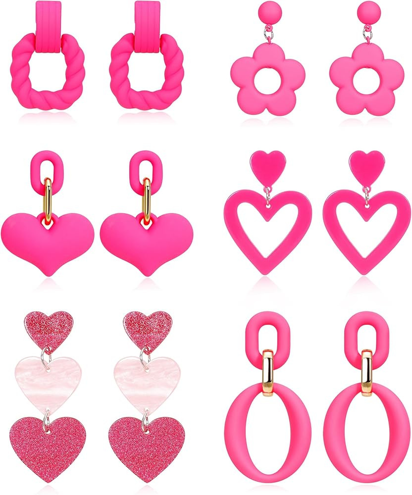 6Pairs Hot Pink Heart Earrings for Women Lover Earrings Drop Statement Pink Dangle Earrings Tasse... | Amazon (US)