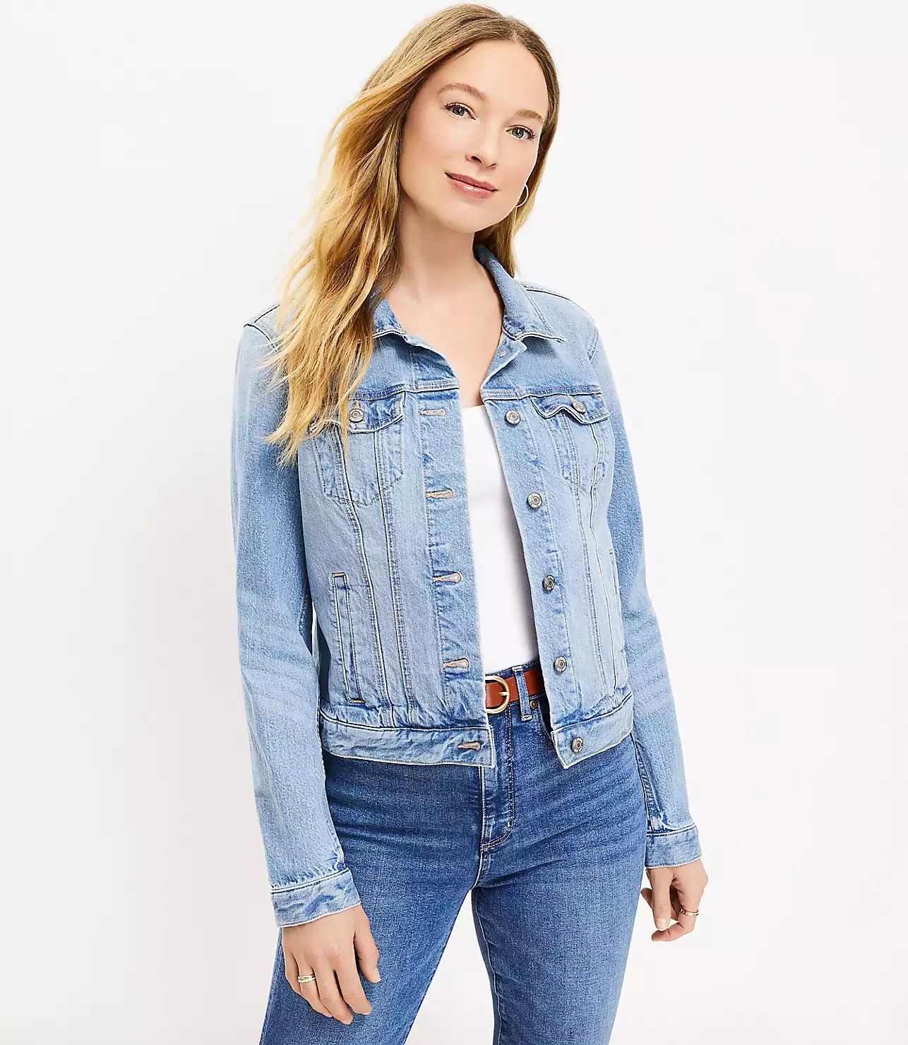 Denim Trucker Jacket in Light Mid Indigo Wash | LOFT