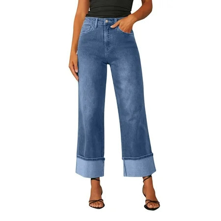 ADSSDQ Jeans for Women Wide Leg Baggy High Waist Boyfriends Straight Leg Fold Hem Stretchy Denim Pants Trendy Summer 2025 with Pockets Light Blue L | Walmart (US)