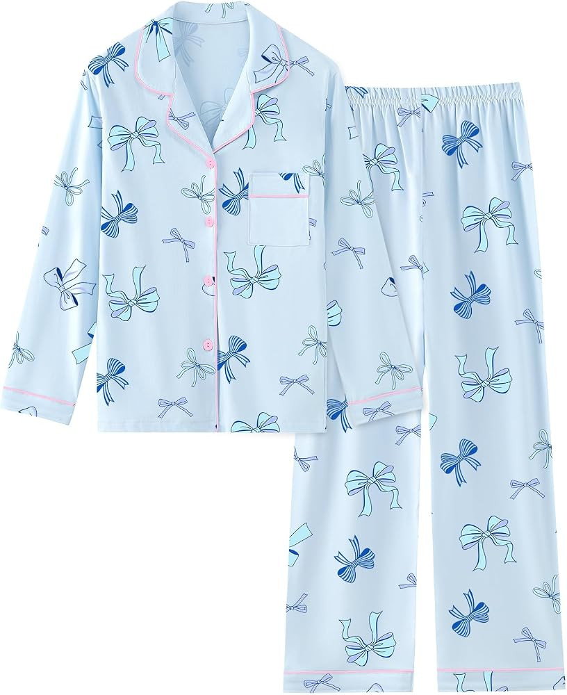 Schbbbta Girls Women Cotton Pajama Set, 2Pcs Soft Stretch Button Down Pjs Long Sleeve Sleepwear, ... | Amazon (US)