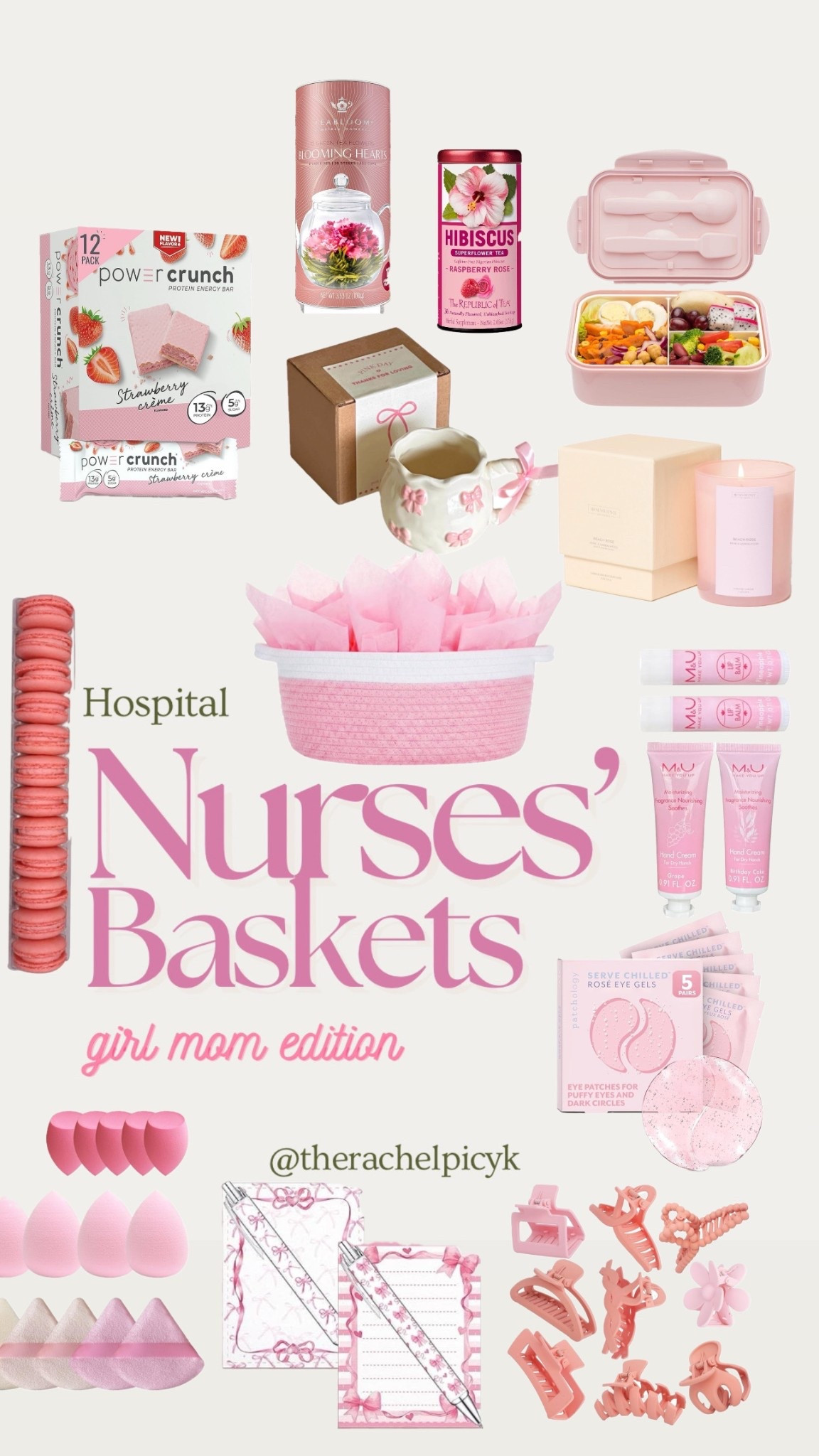 Hospital Nurses’ Gift Baskets: girl mom edition 💓✨🎀💕🌸

Here’s some of what I used to assemble mine:
 • 💄 Chapstick
• 🧴 Hand lotion
• 🍫 Protein bars
• 🍱 Bento boxes
• 🍬 Chewing gum
• 🎀 Hair clips
• 🧽 Makeup sponges
• 👁️ Rose gel eye patches
• 🌸 Floral ceramic mug
• 🫖 Tea canister (raspberry hibiscus for some pink caffeine!)
• 🍪 Macarons
• 🕯️ Scented candle (dragonfruit kiwi)
• 🎀 Decorative gift basket with ribbon
• 🖊️📓 Matching pink pen & pad set

#LTKmomlife #LTKBaby #LTKBump