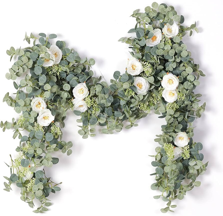 PARTY JOY 2pcs 6.56ft Eucalyptus Garland with Flowers-8 White Roses, Artificial Fake Flowers Gree... | Amazon (US)