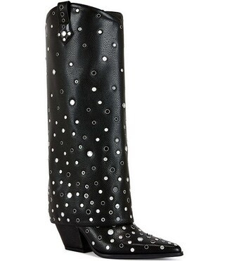 Madlock Rhinestone Studded Grommet Hardware Foldover Tall Boots | Dillard's