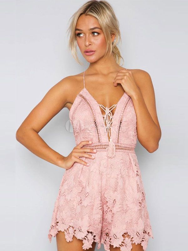 Women Lace Romper Boho Lace Up Spaghetti Straps Pink Sexy Playsuit | Milanoo
