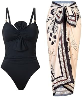 One Piece Swimsuit for Women with Cover Up Set Retro Bathing Suit Tummy Control Knot Swimwear Bea... | Amazon (US)