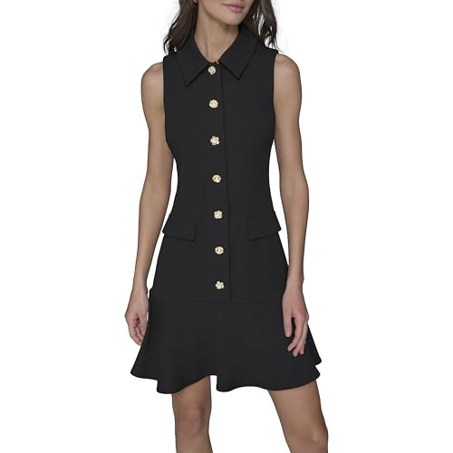 KARL LAGERFELD Paris Women's Sleeveless Collared Gold Button Front A-Line Mini Dress, Black, 10 | Amazon (US)