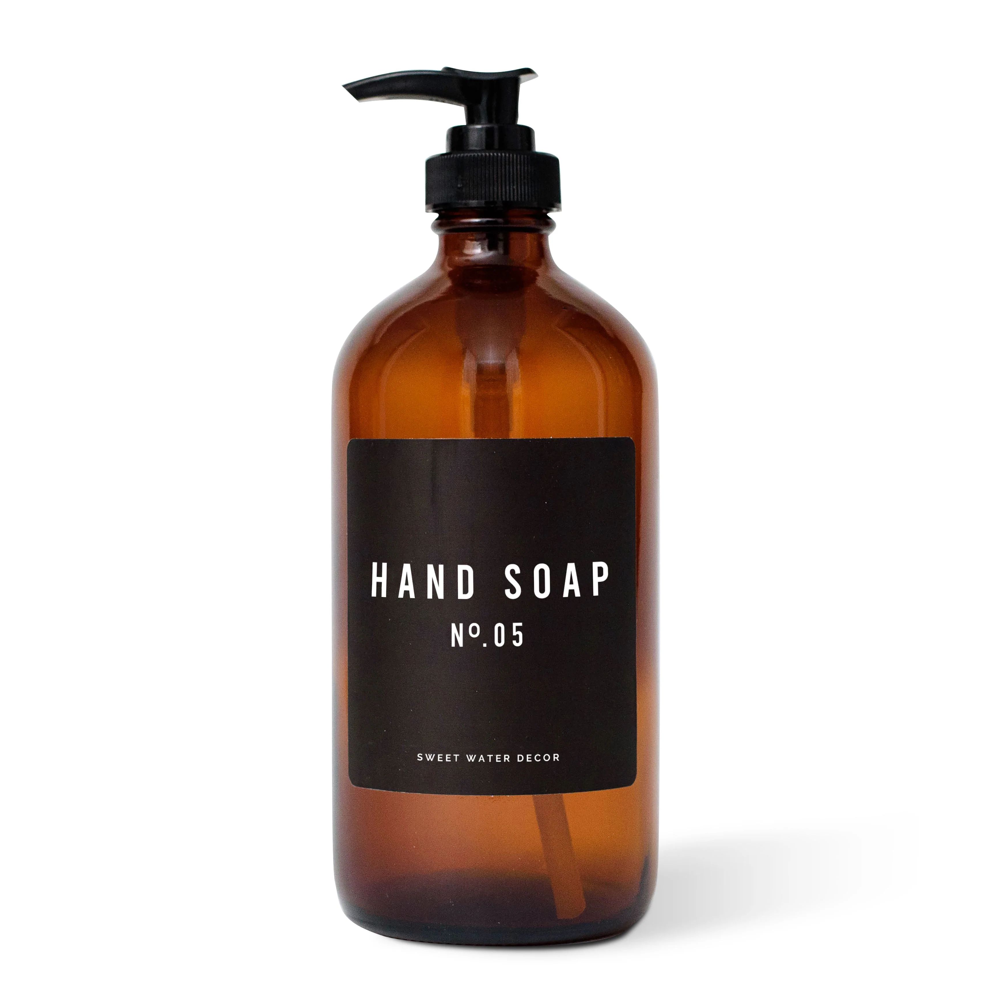 16oz Amber Glass Hand Soap Dispenser - Black Label | Sweet Water Decor, LLC