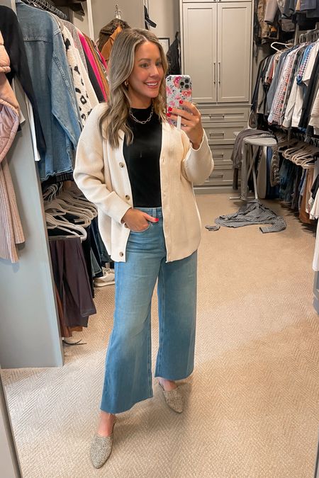 Wide leg jeans. Sized up 1 to a 28. These are the only pair of wide leg denim I have kept. They fit well and are very comfy. 
Amazon cardigan. Wearing small. Runs oversized.
Target necklace. Such a cute affordable option. #jeans #amazonfinds 

#LTKfindsunder50 #LTKstyletip #LTKover40