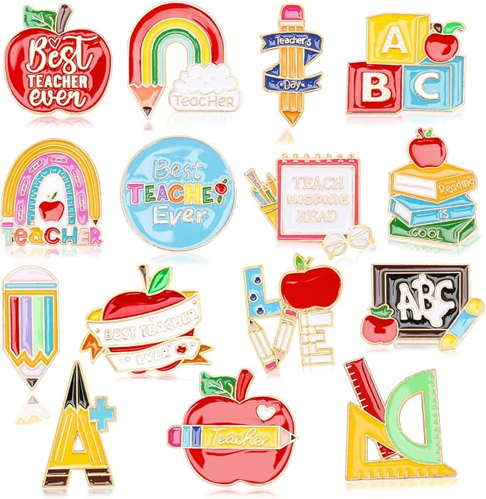 SANNIX 15Pcs Multicolor Teacher Pins, School Teacher Lapel Pins, Brooch Pin for Clothes, Bags, Ha... | Amazon (US)