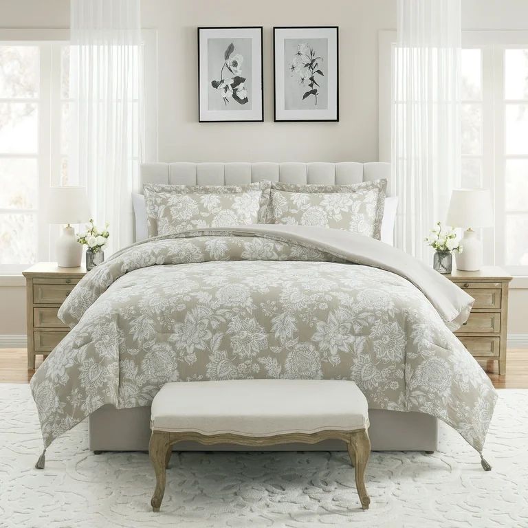 My Texas House Veronica 3-Piece White Pepper Taupe Floral Cotton Slub Comforter Set, King | Walmart (US)