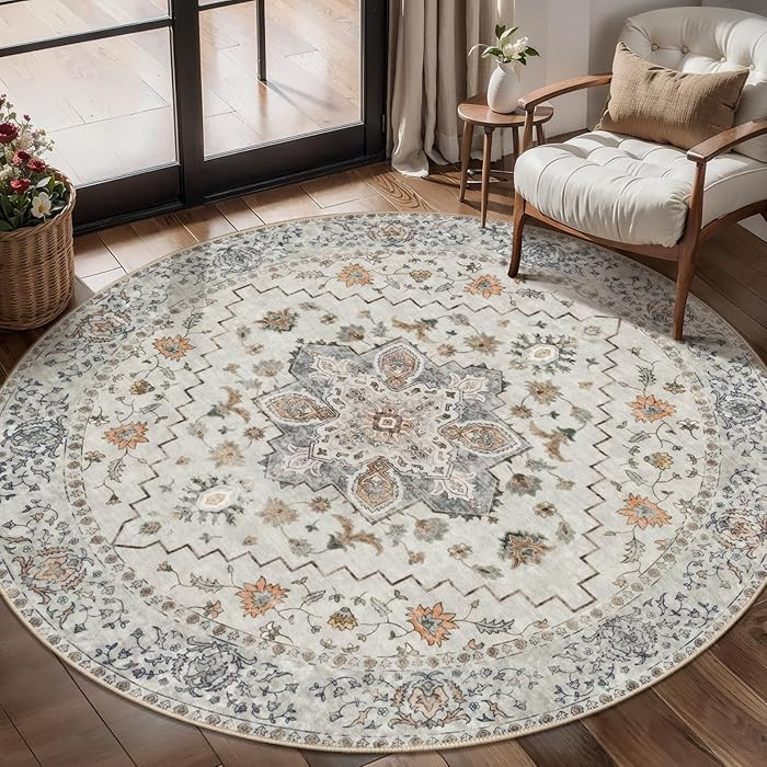 Tangsoo Vintage Round Rug 4ft Washable Circle Rug, Non Slip Small Boho Round Rug, Low Pile Circul... | Amazon (US)