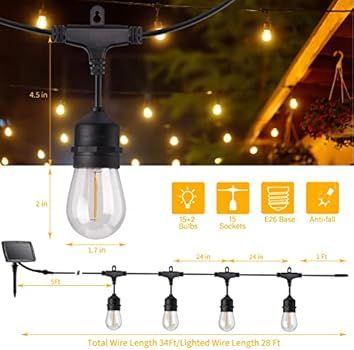 Solar String Lights Outdoor - 34FT 15 LED Patio Lights with 4 Lighting Mode, USB & Solar Powered ... | Amazon (US)
