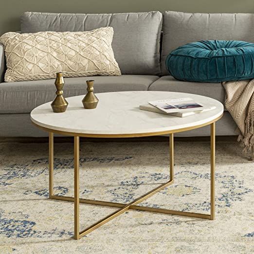 Walker Edison Modern Glam Round Accent Faux White Marble Coffee Table with Gold X-Base, 36 Inch | Amazon (US)