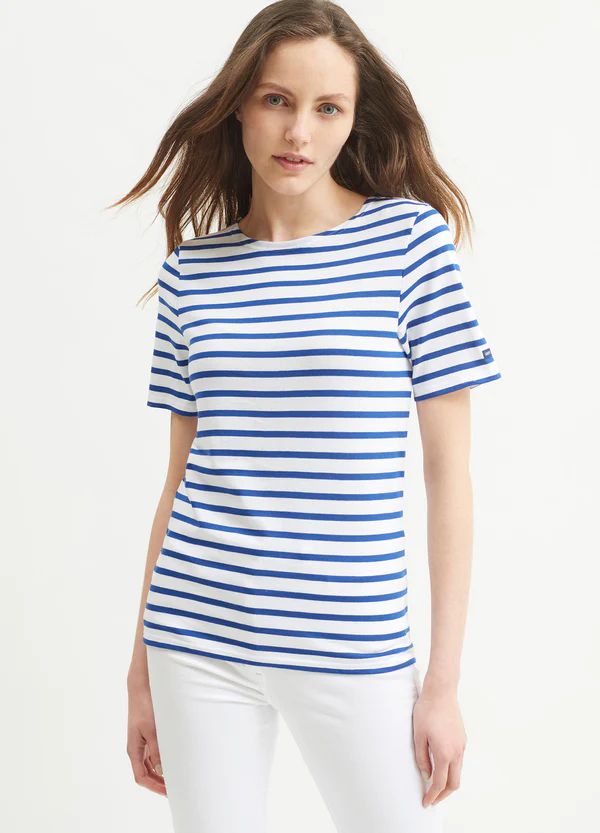 LEVANT MODERN - Breton Stripe Short Sleeve Shirt | Soft Cotton | Unisex Fit (WHITE / ROYAL BLUE) | Saint James USA