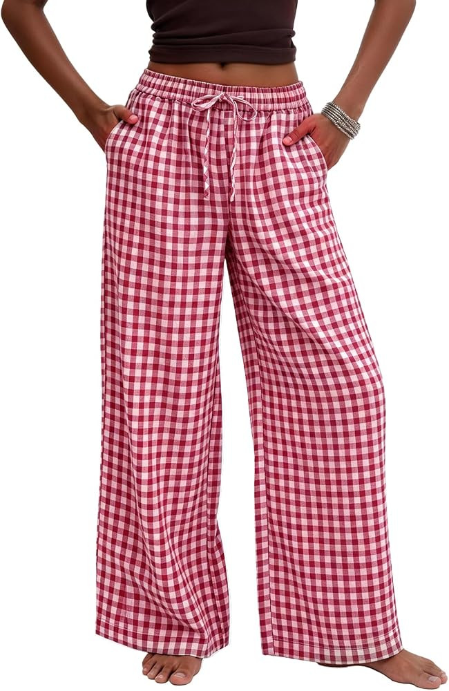 Flygo Gingham Wide Leg Pants for Women 2026 Summer Casual Plaid Palazzo Drawstring Elastic Waist ... | Amazon (US)