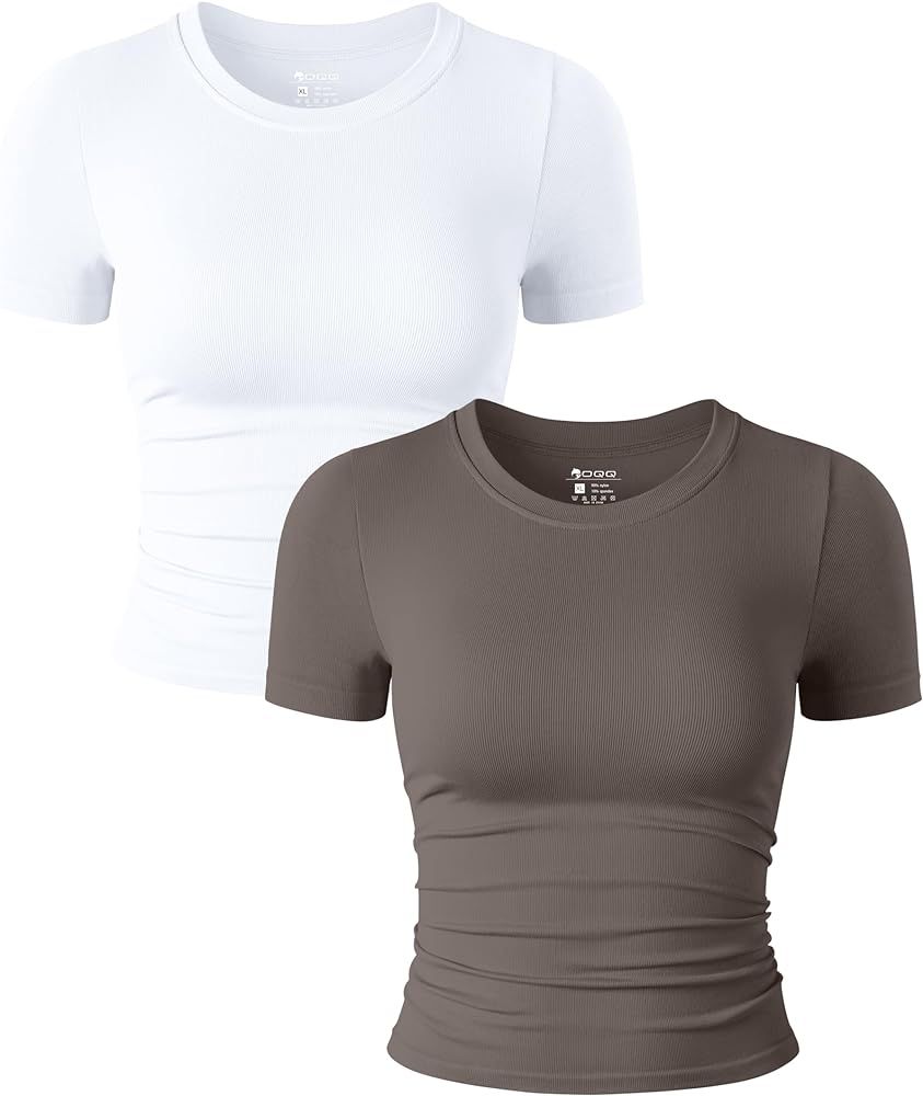 OQQ Womens 2 Piece Shirts Short Sleeve Crew Neck Ruched Stretch Fitted Tee Shirts Crop Tops | Amazon (US)