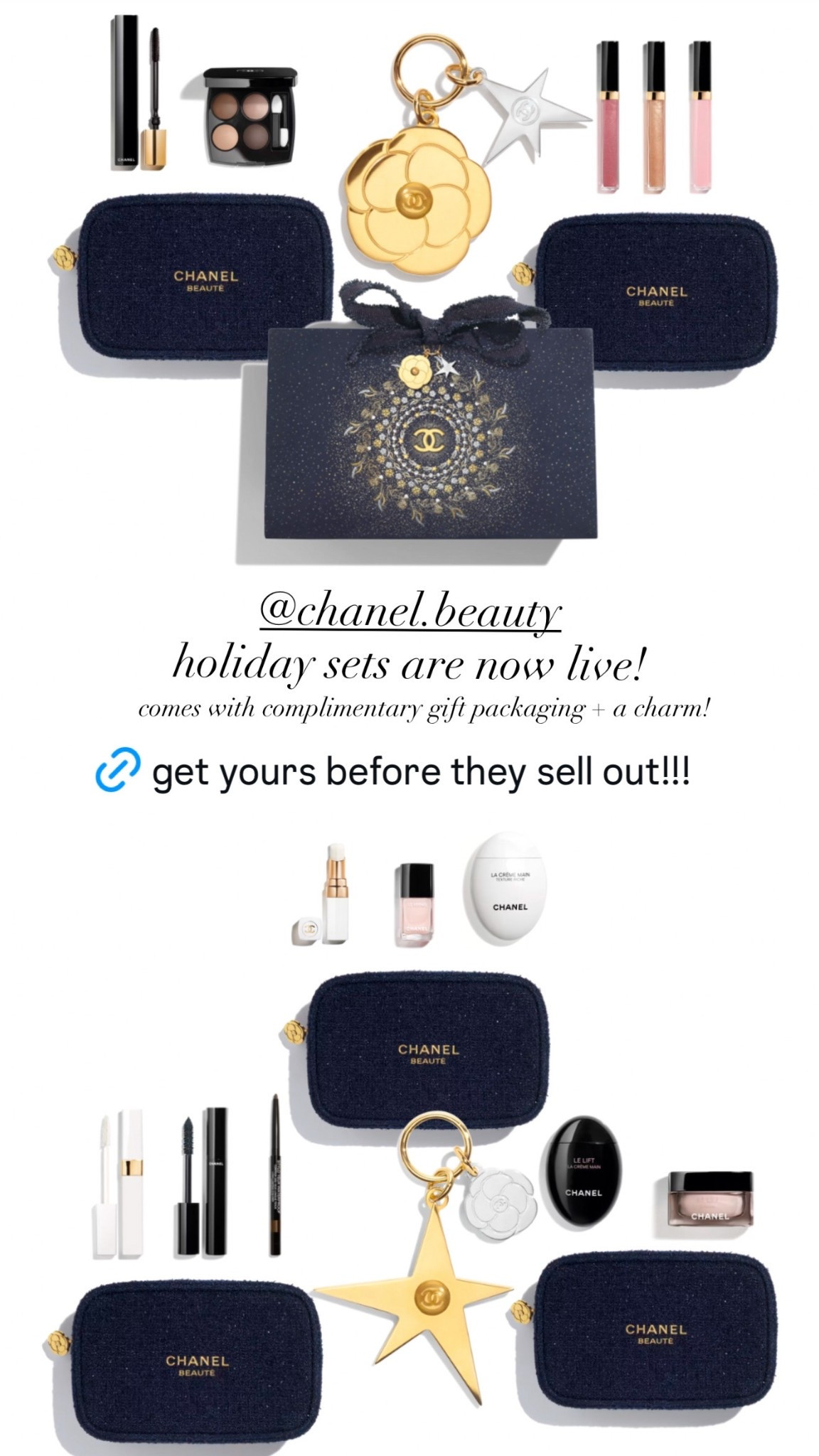 Chanel holiday sets are LIVE!! receive complimentary gift packaging + a free charm of your choice when you’re logged into your Chanel beauty account ✨ get yours before they sell out! 