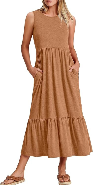 ANRABESS Women's Summer Casual Sleeveless Crewneck Swing Sundress Fit & Flare Flowy Tiered Maxi D... | Amazon (US)