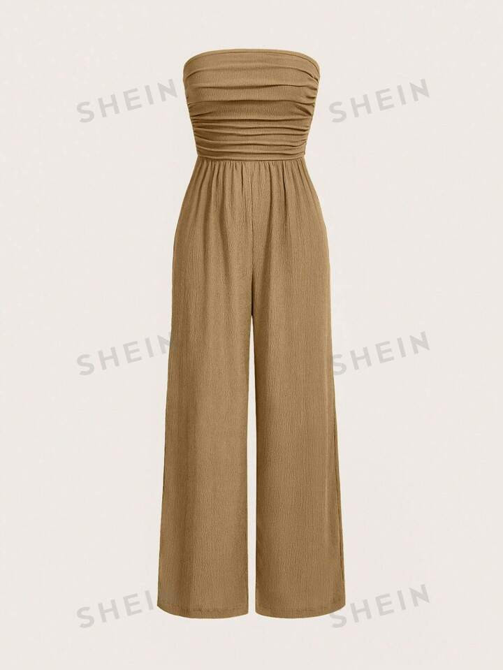 SHEIN EZwear Summer Casual Pleated Texture Wide Leg Jumpsuit With Strapless Top | SHEIN