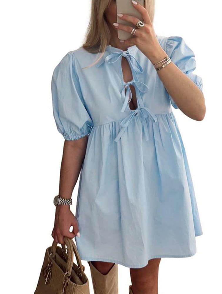 Women Casual Summer Puff Sleeve Mini Dress Bow Tie Front Y2K Babydoll Cut High Waist Peplum Dress | Amazon (US)
