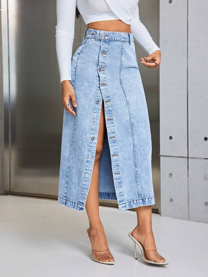 SHEIN SXY High Waist Denim Skirt With Upward Buttons | SHEIN USA | SHEIN