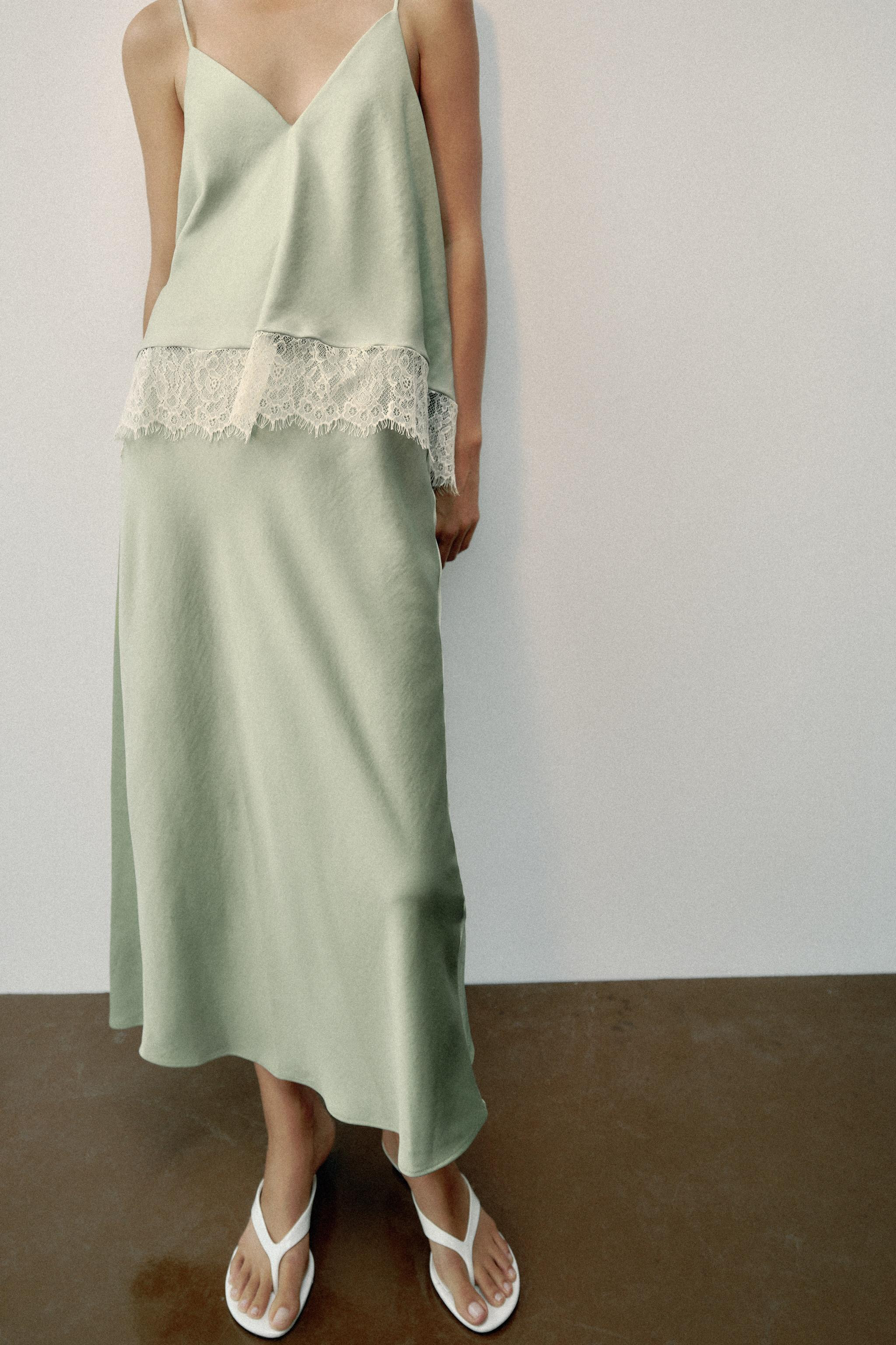 Lace-Trimmed Satin Midi Slip Dress | Zara US
