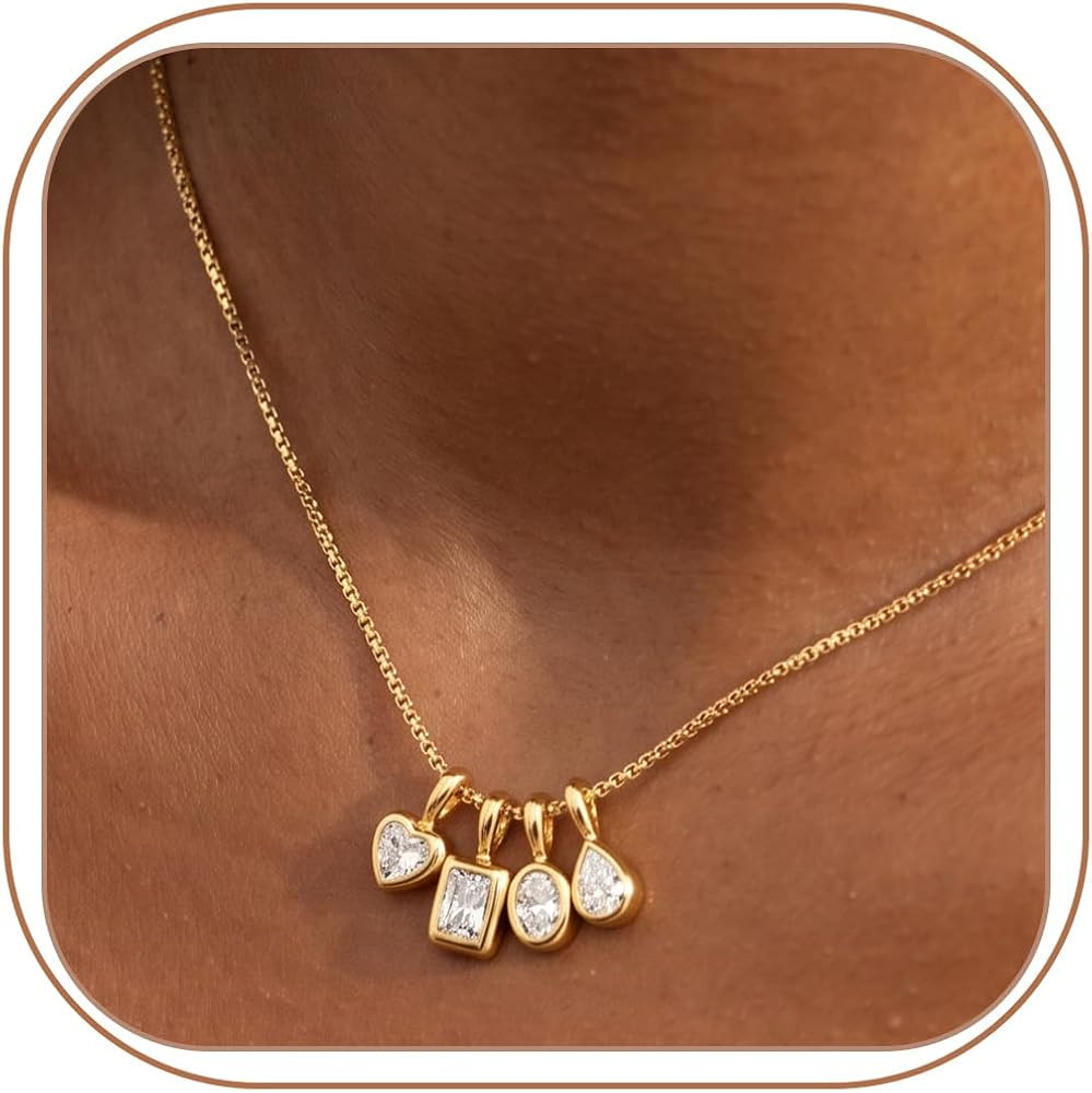Gold Necklace for Women Dainty Cubic Zircon Pendant Necklace with Removable Heart/Teardrop/Round/... | Amazon (US)