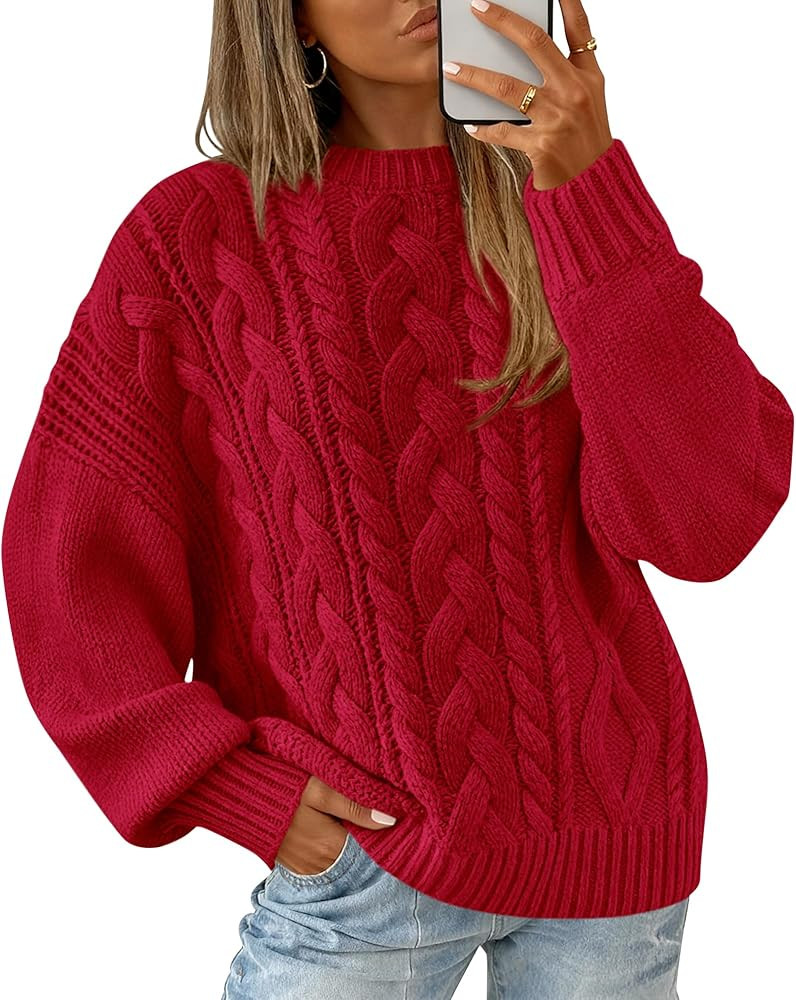 BTFBM Fall Sweaters for Women 2025 Cable Knit Sweater Crew Neck Long Lantern Sleeve Loose Chunky ... | Amazon (US)