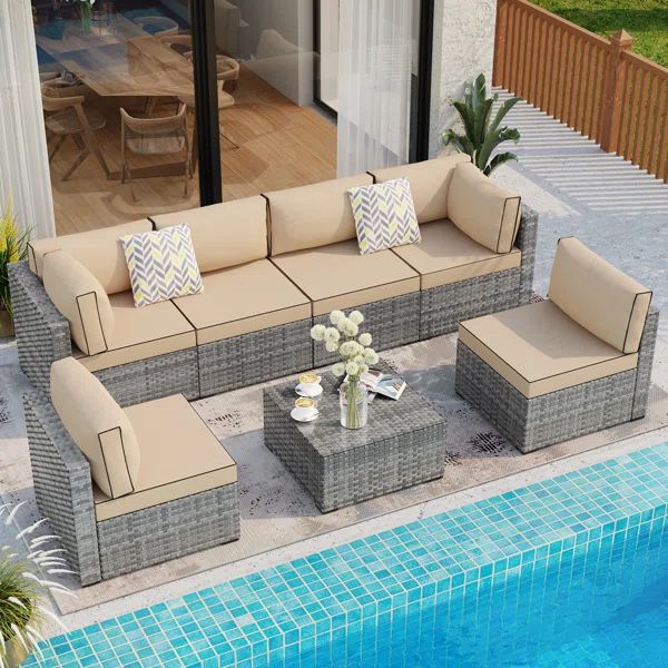 7 Piece Rattan Seating Group with Cushions | Wayfair North America