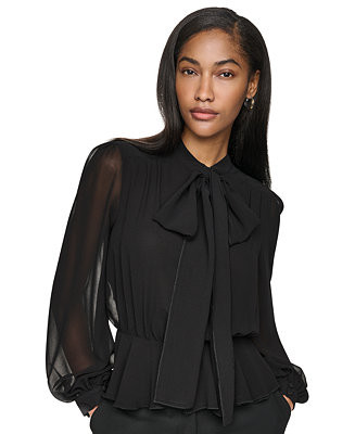 Women's Tie Neck Peplum Long-Sleeve Blouse | Macy's