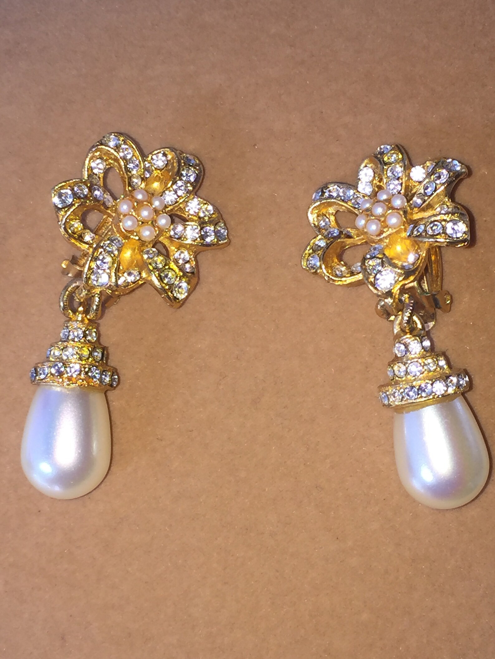 RARE Vintage Designer "Prince Kamy Yar" Clip Earrings Rhinestones, Pearls and Gold Tone | Etsy (US)