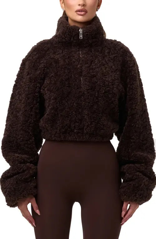 Naked Wardrobe Faux Shearling Quarter Zip Crop Pullover in Dark Chocolate at Nordstrom, Size Medium | Nordstrom
