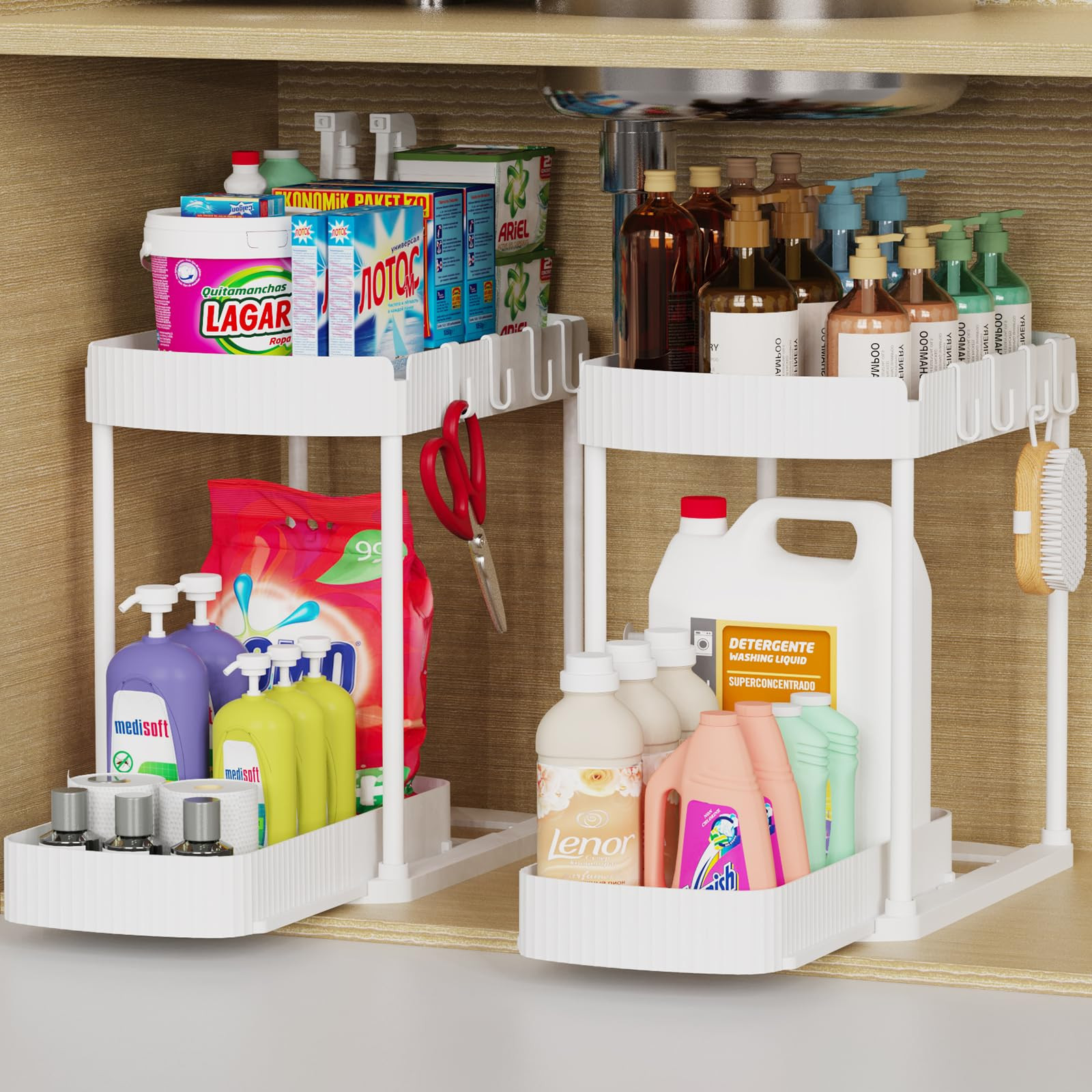 2 Pack Multi-Purpose Pull-Out Storage Organizers, Under Sink & Cabinet Storage, 12.8 Inch, White | Amazon (US)