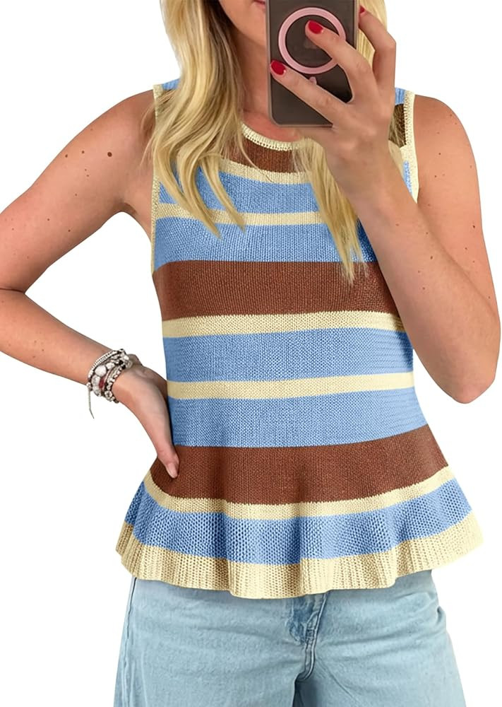 Cicy Bell Womens Striped Sweater Vest Summer Casual Sleeveless Ruffle Knit Tank Tops Crew Neck Li... | Amazon (US)