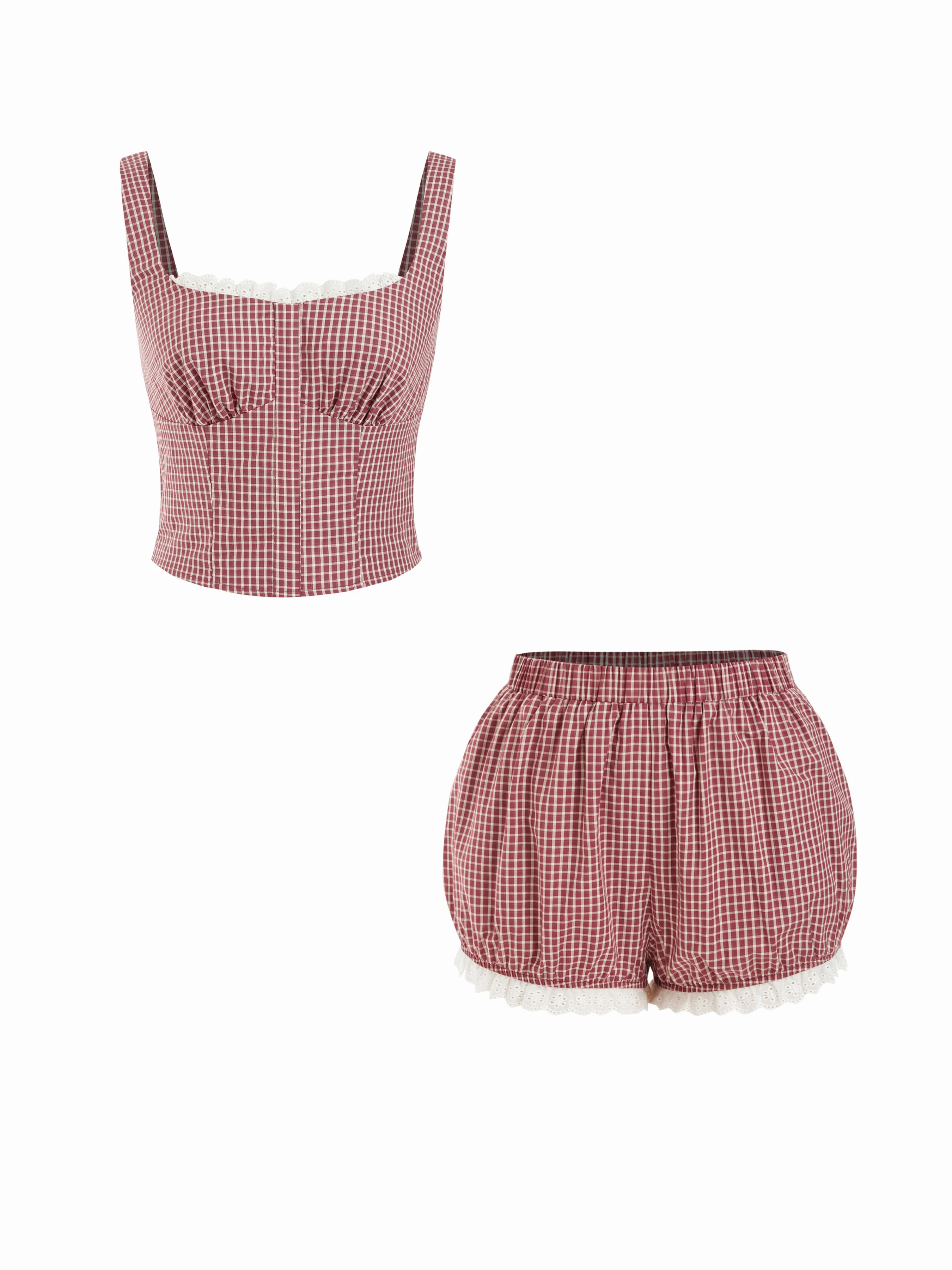 Cotton Square Neck Lace Panel Gingham Top & Mid Rise Bubble Hem Shorts Set | Cider