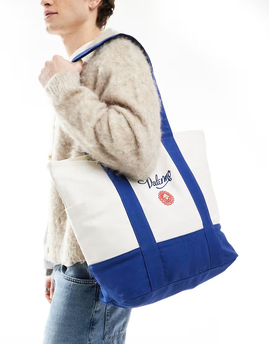 ASOS DESIGN canvas tote bag with palermo print in ecru and blue-White | ASOS (Global)