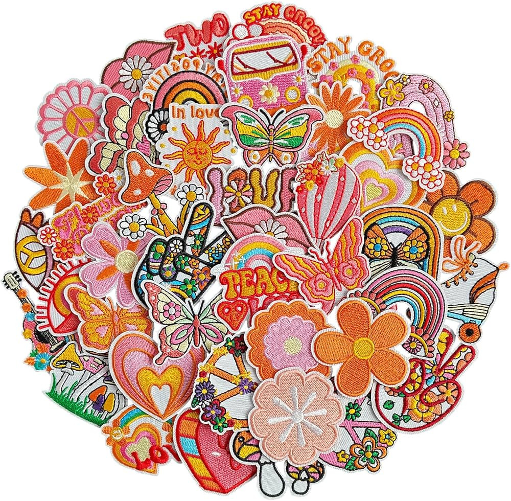 48Pcs Hippie Vintage Iron on Patches Assorted Styles Retro Aesthetics Embroidered Patches, Sew on... | Amazon (US)