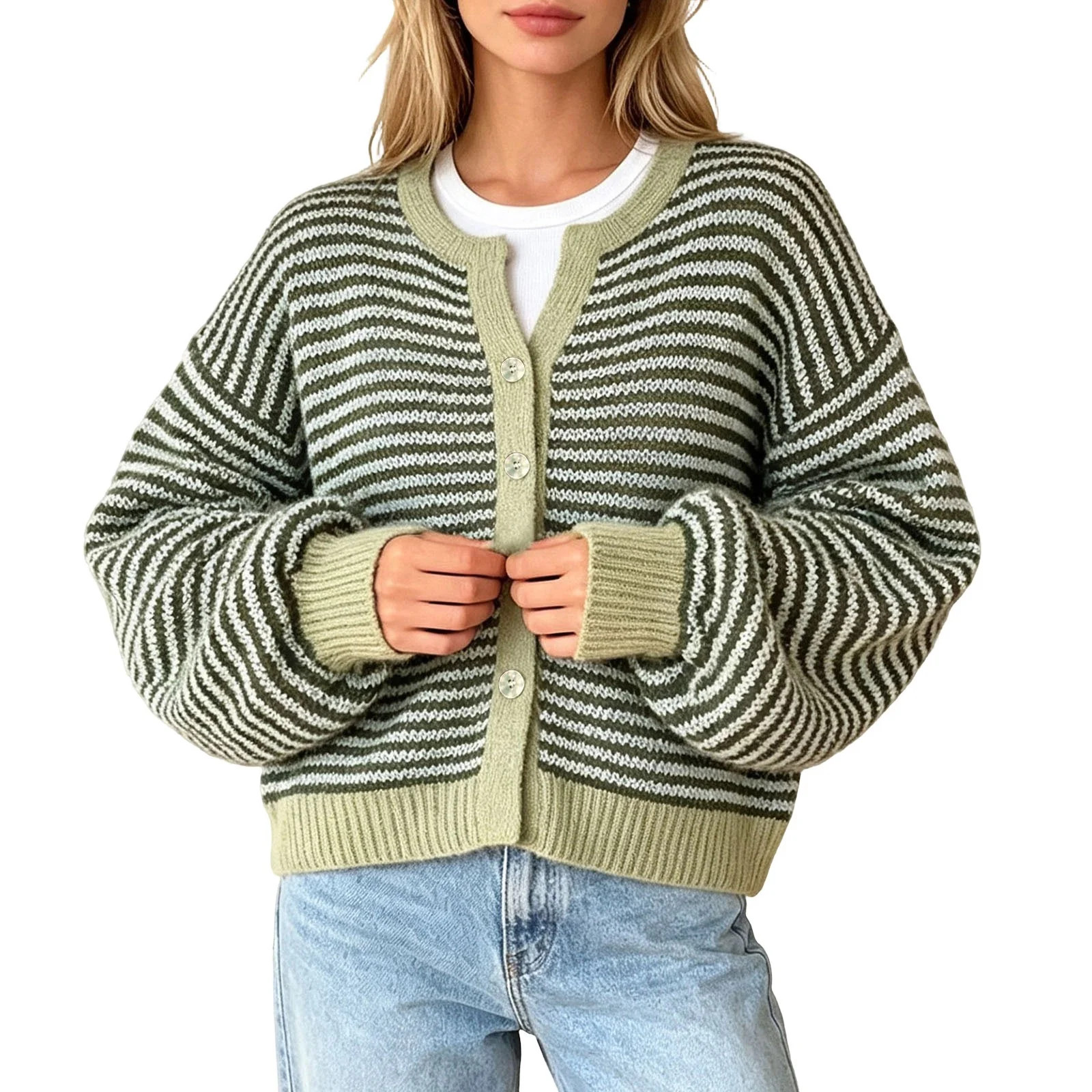 Womens Striped Cardigan Sweaters Long Sleeve Button Up Knit Tops Oversized Button Down Fall Winter Cardigan (Z002#-Green XL) - Walmart.com | Walmart (US)