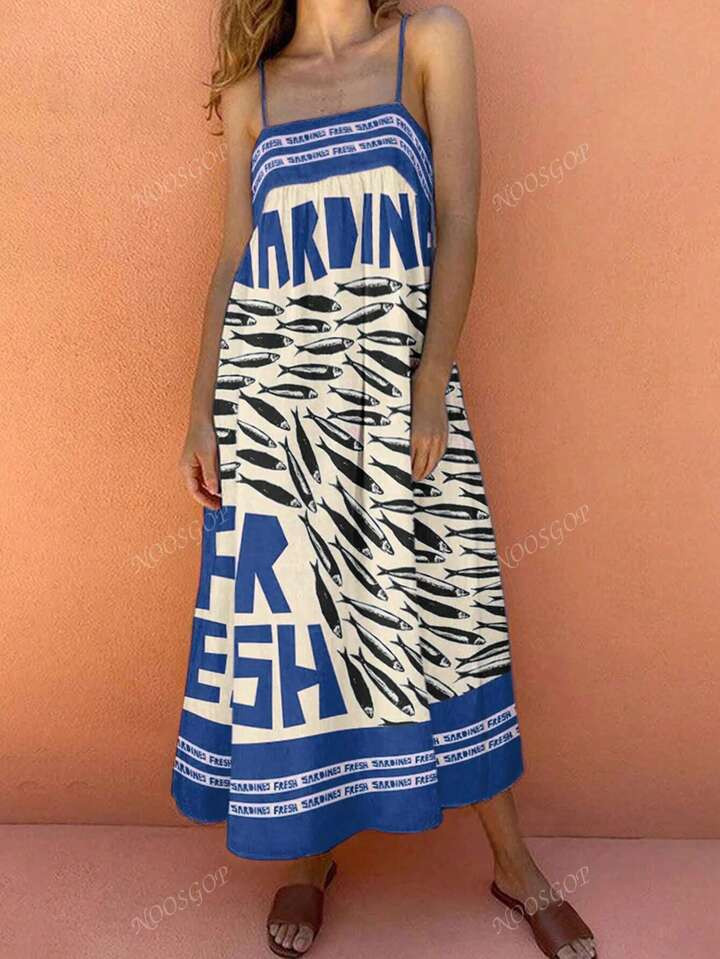Bohemian Women's Spring And Summer Fashion Casual Elegant Holiday Style Contrast Color English Letters Latin Fish Printed Suspender Dress | SHEIN